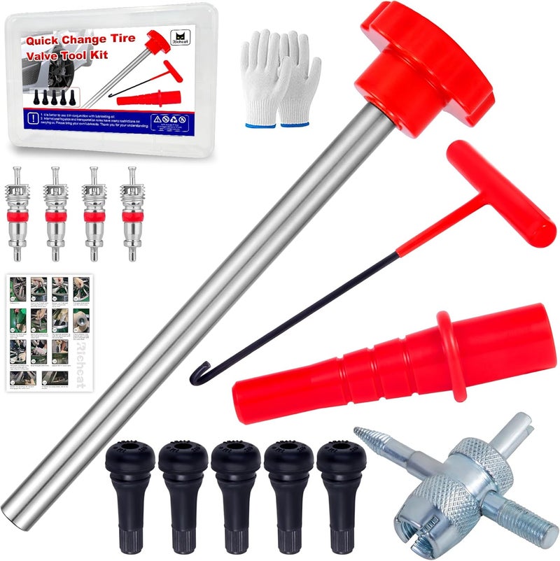 Richcat Quick Change Tire Valve Tool Kit,Tire Valve Stem Core Quickly Replacement Tool Kit,Perfect Tool for Replacing Leaky Valves in Cars,ATVs,Trucks,Motorcycles, etc.with 5 TR413 Valve,4-Way Valve Tool - Image 1